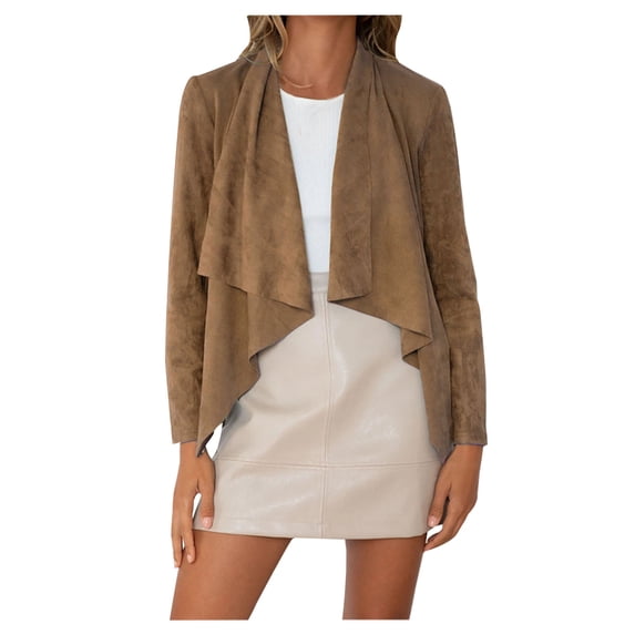 YYDGH Suede Jacket Cardigan for Womens Waterfall Lapel Collar Cropped Cardigan Coat Solid Color Long Sleeve Fall Winter Faux Leather Jackets Brown S