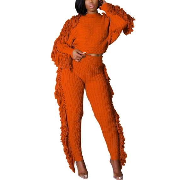 YYDGH Sweater Sets for Women 2 Piece Outfits Knit Tassels Solid Color Long Sleeve Crop Sweaters Long Pants Sweatsuit Loungewear Sets Orange S