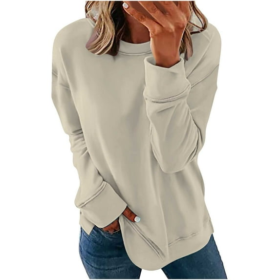 YYDGH Sweatshirts For Women Fall Fashion Casual Crewneck Long Sleeve Pullover Solid Color Side Split Thin Blouses Beige S