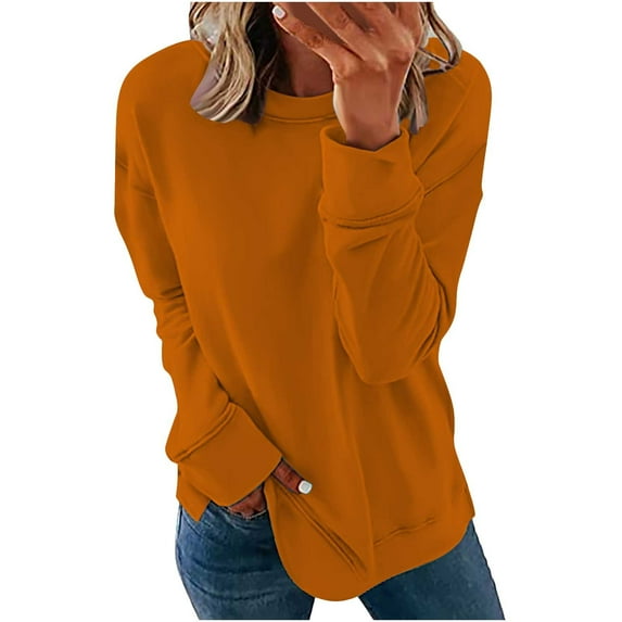 YYDGH Sweatshirts For Women Fall Fashion Casual Crewneck Long Sleeve Pullover Solid Color Side Split Thin Blouses Orange XL