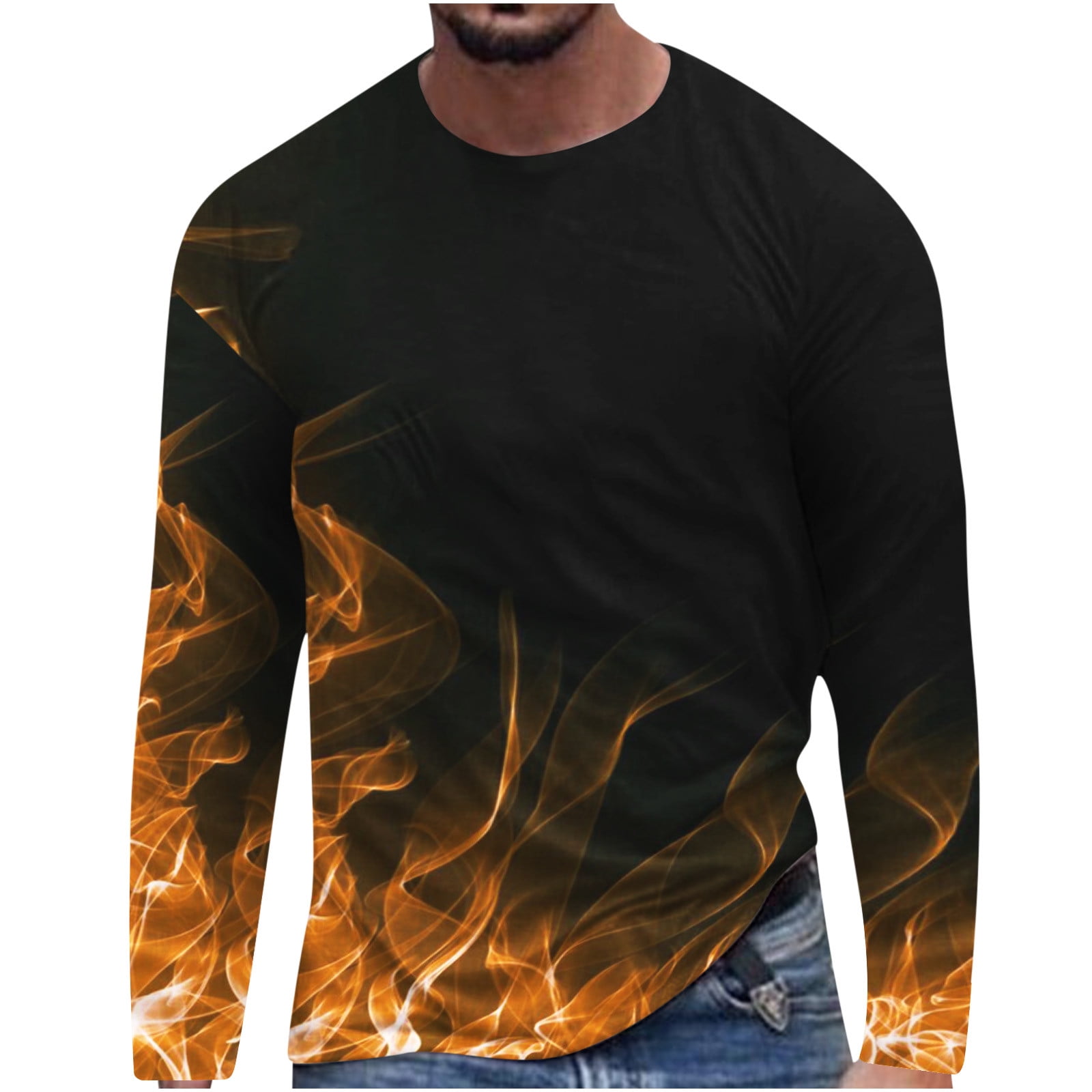 YYDGH T-Shirt for Men's Long Sleeve Plus Size Tops 3D Flame Print Slim-Fit  Crew Neck Casual Fall Pullover Tie Dye Tee Shirts Blouse(2#-Black,XXL) 