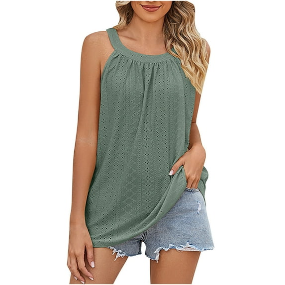 YYDGH Tank Top for Women Loose Fit Sleeveless Neck Halter Tops Dressy Casual Pleated Eyelet Summer Cami Shirts Blouse Green XL