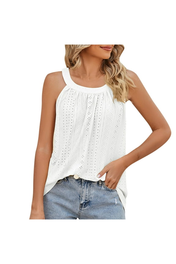 Tank Top for Women Loose Fit Sleeveless Neck Halter Tops Dressy Casual Pleated Eyelet Summer Cami Shirts Blouse White XL