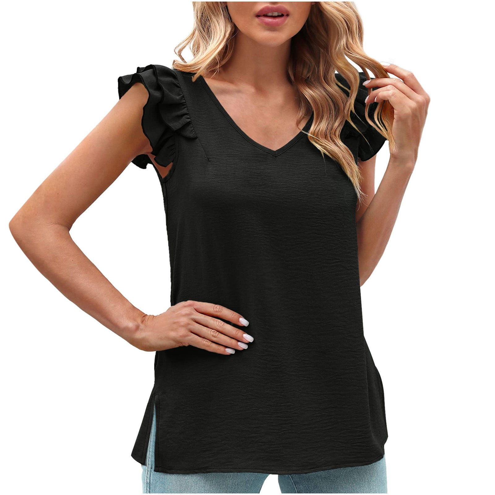 YYDGH Tank Tops for Women V Neck Ruffle Sleeves Shirts Summer Solid ...