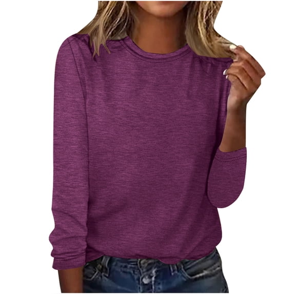 YYDGH Tops for Women Crewneck Long Sleeve Summer Casual Top Cute Solid Color Dressy Tunic Shirts Ladies Blouses Purple L