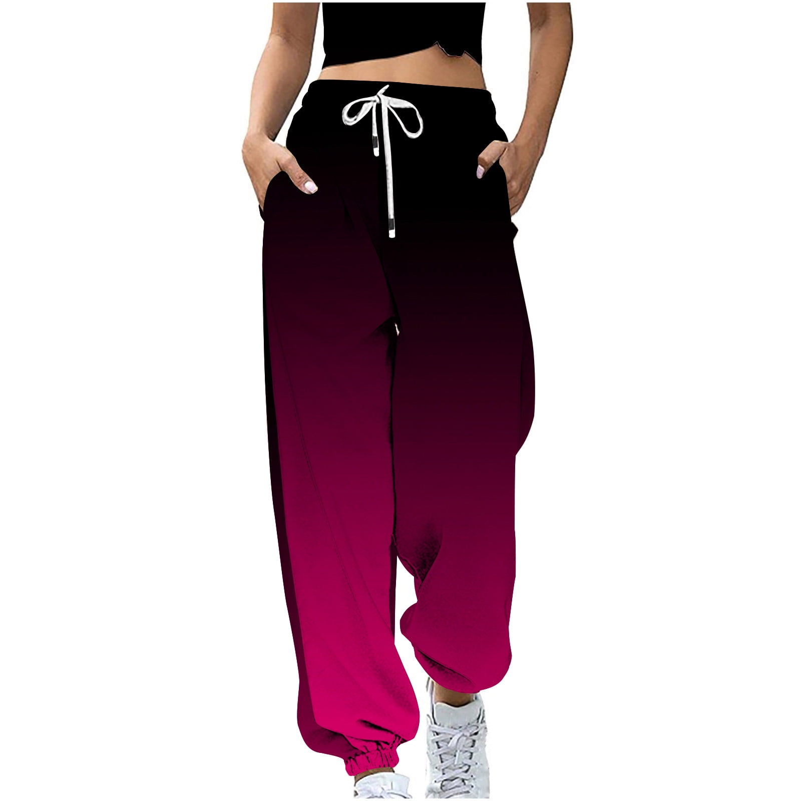YYDGH Trousers for Women Casual Print Bottom Sweatpants with Pocket High  Waist Sporty Clothes Joggers Sweat Pants Pink Black M