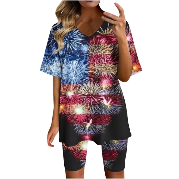 YYDGH Two Piece Outfits For Women Summer V Neck T-Shirt Tops Biker Shorts Workout Sports Plus Size Tracksuit Multicolor-1 XL