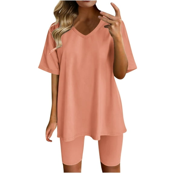 YYDGH Two Piece Outfits For Women Summer V Neck T-Shirt Tops Biker Shorts Workout Sports Plus Size Tracksuit Orange M