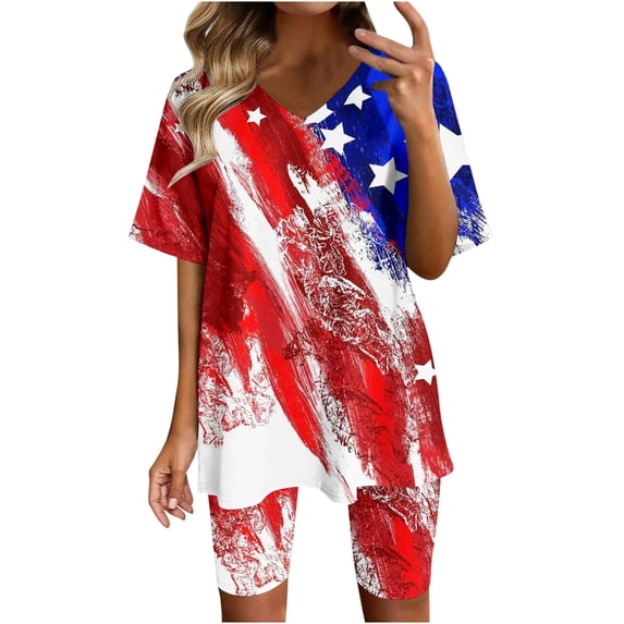 YYDGH Two Piece Outfits For Women Summer V Neck T-Shirt Tops Biker Shorts Workout Sports Plus Size Tracksuit Red S