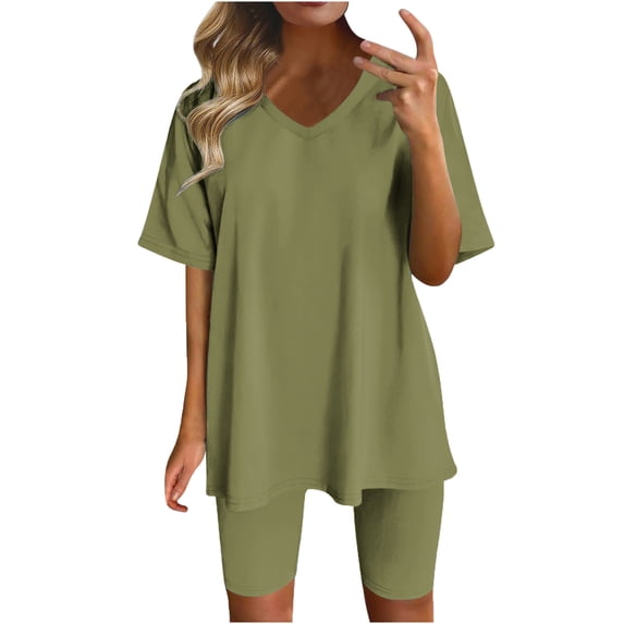 YYDGH Two Piece Outfits For Women Summer V Neck T-Shirt Tops Biker Shorts Workout Sports Tracksuit Green XXL
