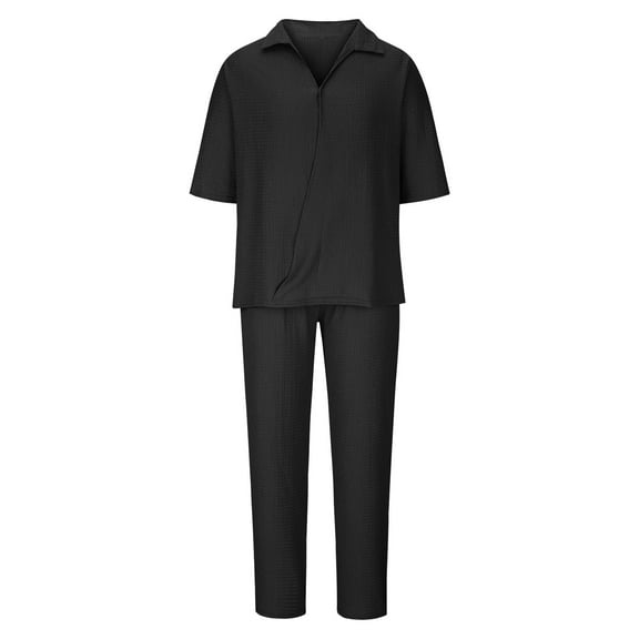 YYDGH Two Piece Pjs Set for Men 1/2 Sleeve Polo Shirt Classic Fit Shirts Stright Leg Pants Solid Color Loose Fit Summer Casual Outfits
