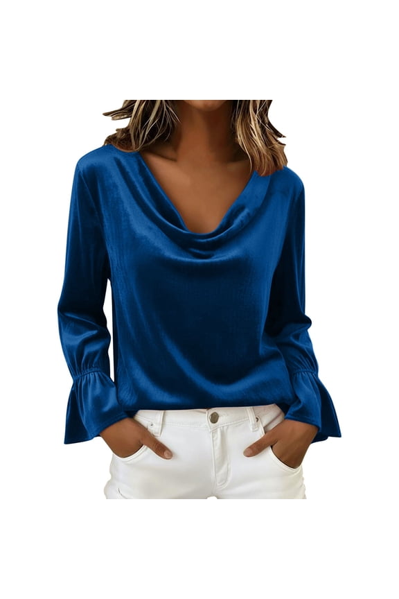 Velvet Tops for Women Cowl Neck Drape Ruched Front Blouse Long Sleeve Cocktail Evening Party Pullover Tops Blue XXL
