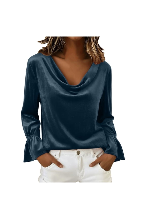 Velvet Tops for Women Cowl Neck Drape Ruched Front Blouse Long Sleeve Cocktail Evening Party Pullover Tops Navy Blue S