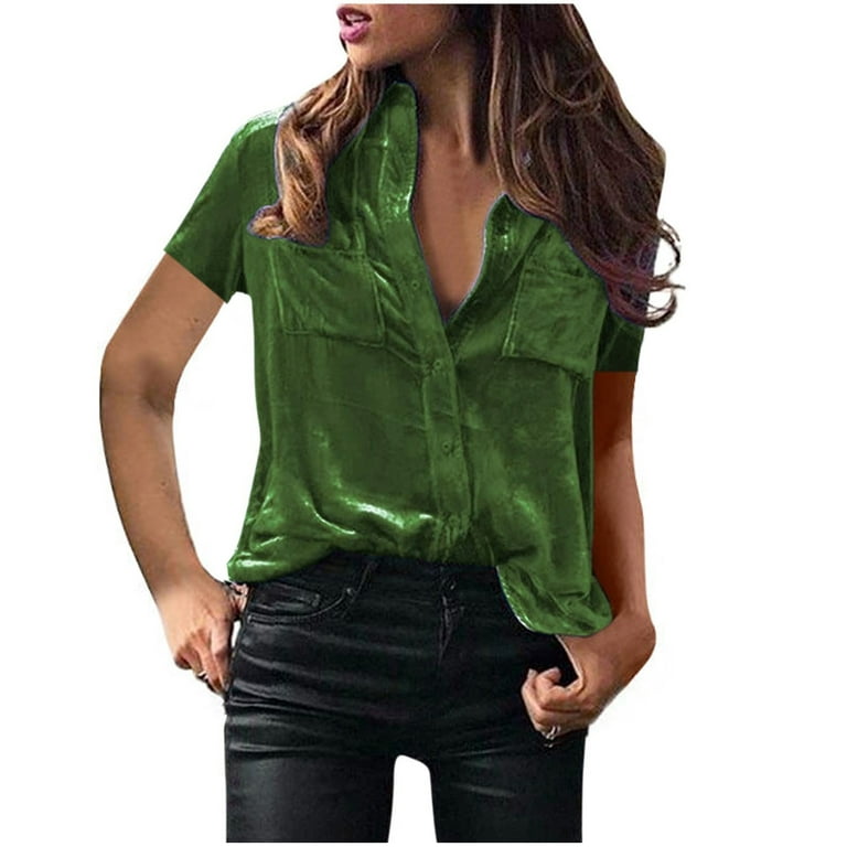 YYDGH Velvet Tops for Women Vintage Short Sleeve Button Down Shirts Velour  Blouse with Pocket