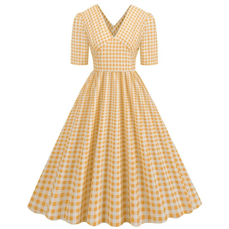 YYDGH Vintage 1950s Dress for Women Plaid V Neck Short Sleeve Cocktail  Party Dress Retro Rockabilly A-Line Swing Tea Dresses Yellow XL