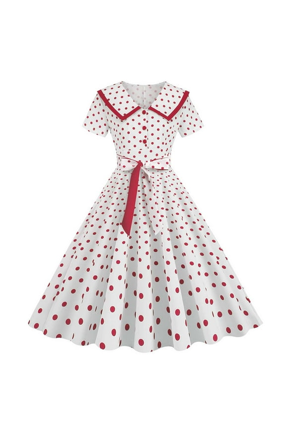 Vintage Women 1950s Lapel Button Down Rockabilly Knot Front Swing Dress 50s Retro Hepburn Style A-Line Dresses Red XXL