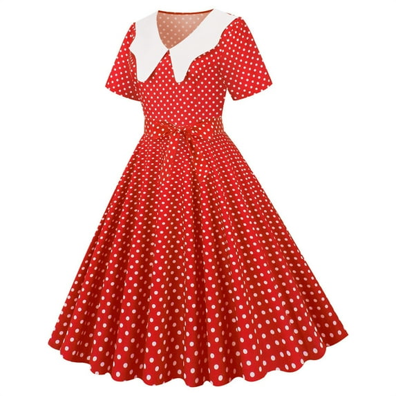 YYDGH Women 1950s Vintage Dress Contrast Peter Collar Polka Dot Cocktail Swing Dress 50s Retro Audrey Hepburn Rockabilly Prom Dresses Red XL