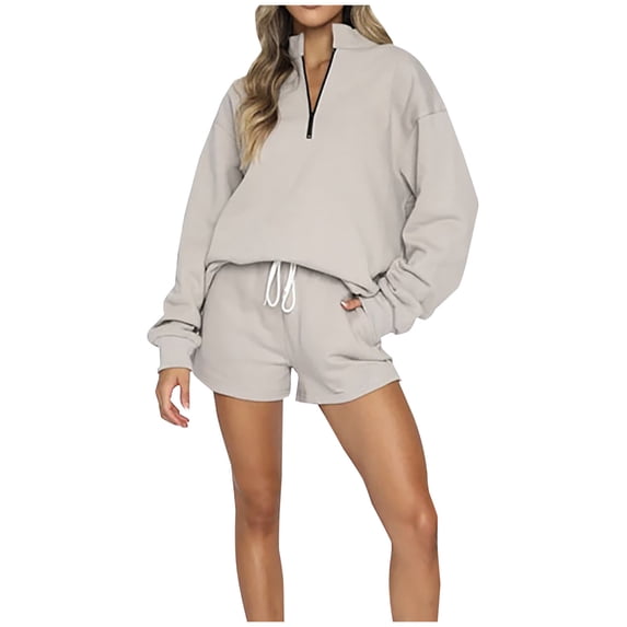 YYDGH Women 2 Piece Outfits Sweatsuit Oversized Half Zip Collared Sweatshirt & Short Set Lounge Wear Tracksuit Sets Gray S