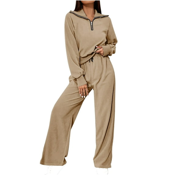 YYDGH Women 2 Piece Outfits Sweatsuit Set 2023 Fall Oversized Long Sleeve Half Zip Sweatshirt Wide Leg Sweatpant Lounge Set Tracksuit Khaki L