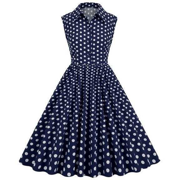 YYDGH Women 50s 60s Vintage Dress Sleeveless Lapel Cocktail A Line Swing Dress 1950s Polka Dot Audrey Rockabilly Prom Party Dresses Navy Blue XXL