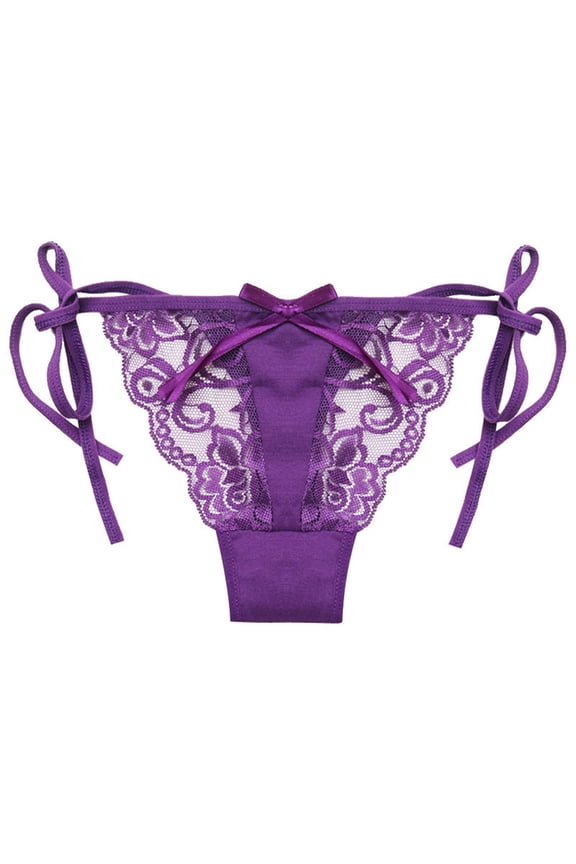 Women Adjustable Sides Tie Panties Bowknot Lace Sheer Mesh G-String Thongs Underwear Purple