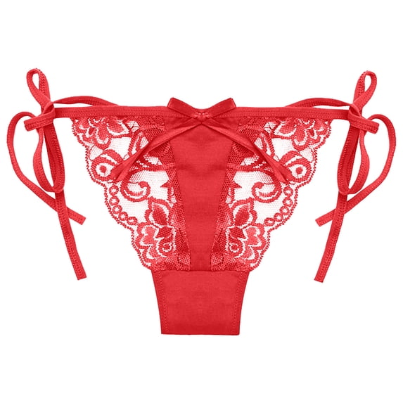 YYDGH Women Adjustable Sides Tie Panties Bowknot Lace Sheer Mesh G-String Thongs Underwear Red