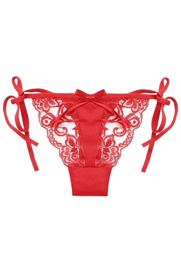 Women Adjustable Sides Tie Panties Bowknot Lace Sheer Mesh G-String Thongs Underwear Red