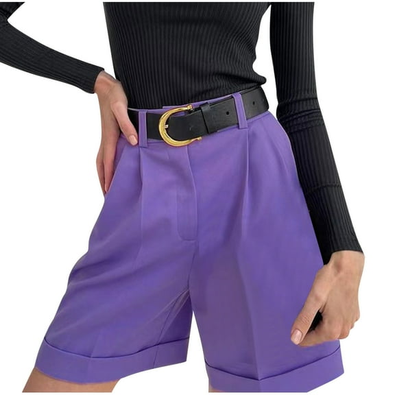 YYDGH Women Business Casual Button Dress Shorts High Waist Wide Leg Pleated Shorts Summer Solid Bermuda Shorts with Pockets Purple S