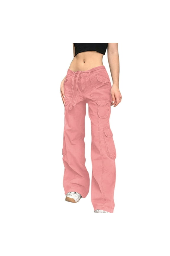 Women Cargo Pants Ripped Boyfriend Jeans High Waist Baggy Plus Size Aesthetics Wide Leg Denim Pants Distressed Y2K Streetwear Pink L