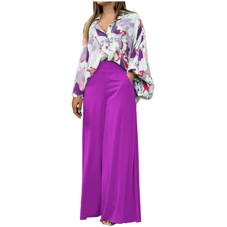 YYDGH Women Casual Two Piece Floral Outfits Oversized Button Down Shirt  Blouse and Long Wide Leg Palazzo Pants Set Jumpsuit Purple M