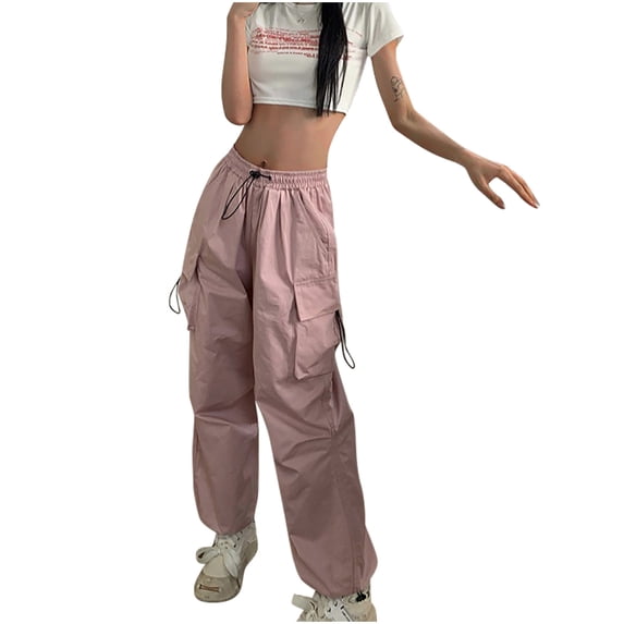 YYDGH Women Drawstring High Waisted Cargo Pants Y2K Baggy Parachute Pant Streetwear Wide Leg Casual Trousers with Pockets XXL