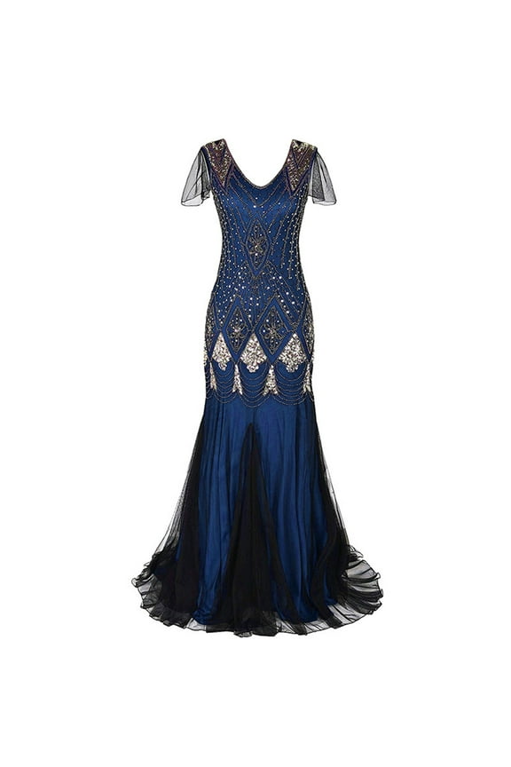 Women Evening Dress 1920s Flapper Cocktail Mermaid Plus Size Formal Gown Vintage Wedding Party Maxi Dresses Blue 3XL
