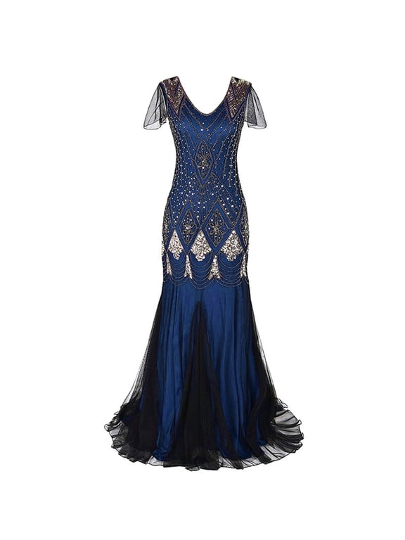 Women Evening Dress 1920s Flapper Cocktail Mermaid Plus Size Formal Gown Vintage Wedding Party Maxi Dresses Blue XXL
