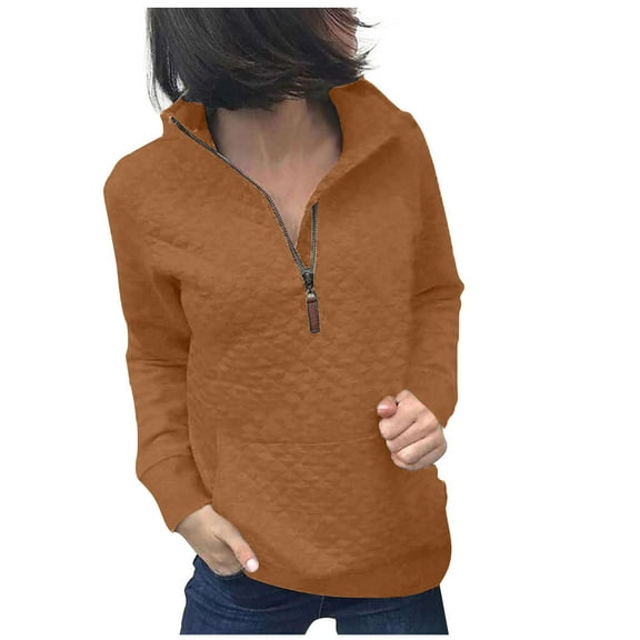 YYDGH Women Fashion Quilted Pattern Lightweight Zipper Long Sleeve Plain Casual Ladies Sweatshirts Pullovers Shirts Tops Khaki S