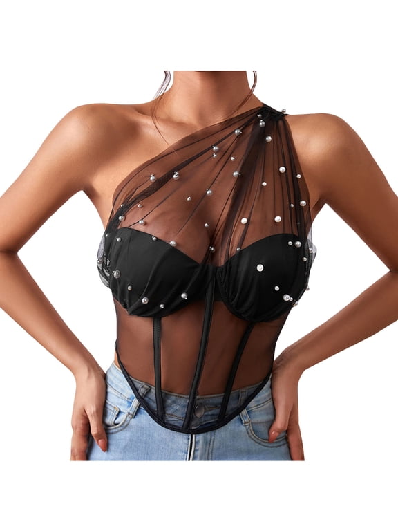 Women Feather Trim Corset Bandeau Tube Crop Tops Bustier Lace Sheer Mesh Sleeveless Tank Bra Black-2 M