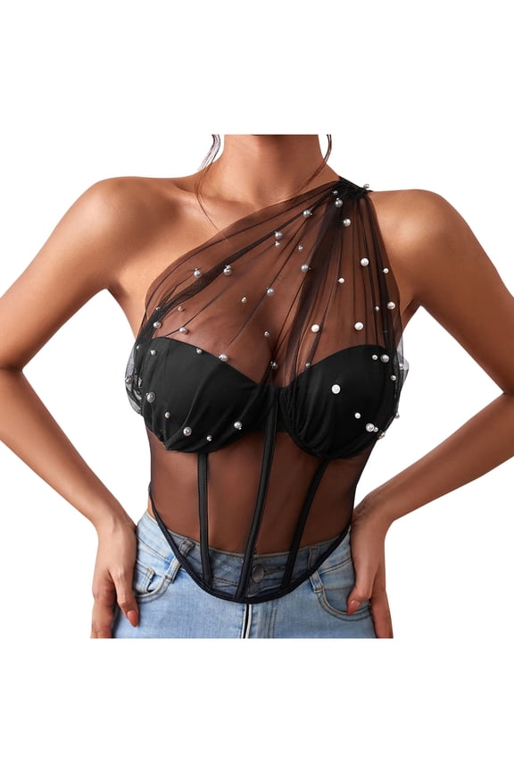 Women Feather Trim Corset Bandeau Tube Crop Tops Bustier Lace Sheer Mesh Sleeveless Tank Bra Black-2 XS