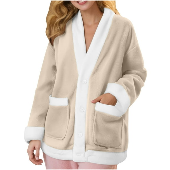 YYDGH Women Fuzzy Fleece Pajama Jacket V Neck Button Down Sleepwear Long Sleeve Plush Warm Winter Coat with Pockets Beige XL