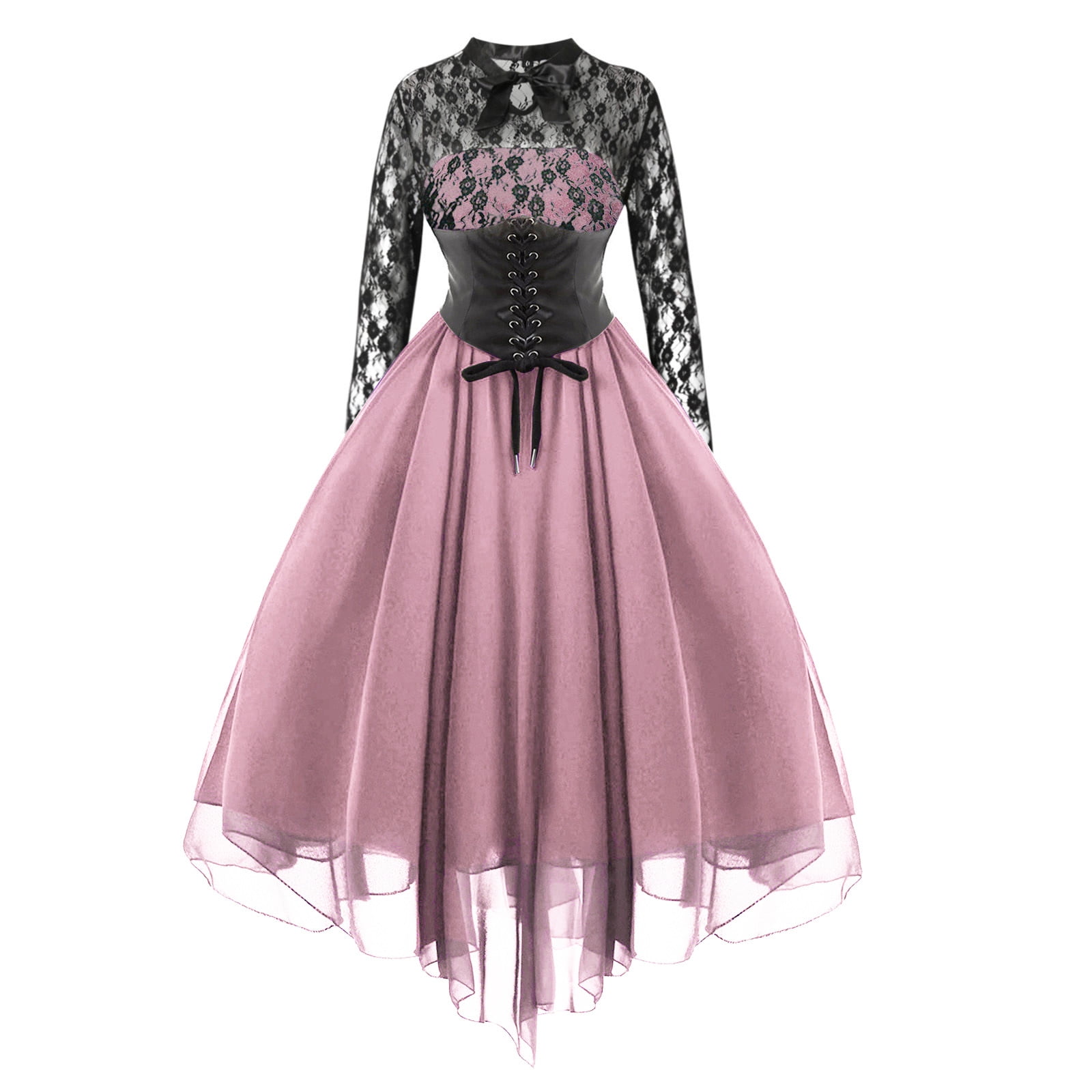 YYDGH Women Gothic Dress with Corset Floral Lace Long Sleeve Corset  Cocktail Mesh Swing Dress Handkerchief Hem Punk Hippie Dress Pink L