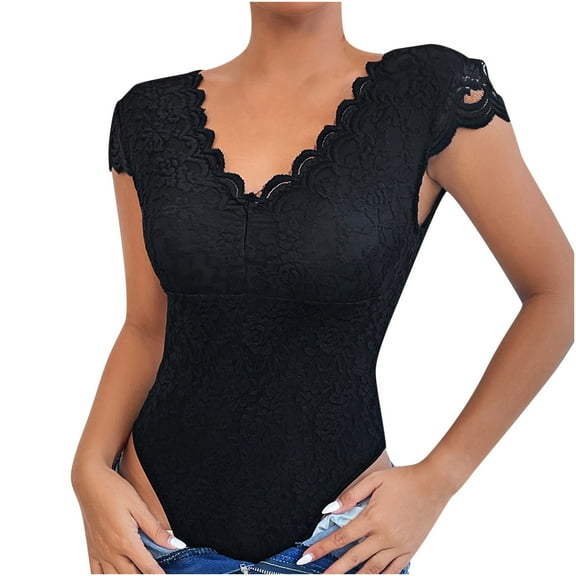YYDGH Women Lace Short Sleeve Bodysuit Sexy Deep V Neck Crotch Leotard Tops Black S