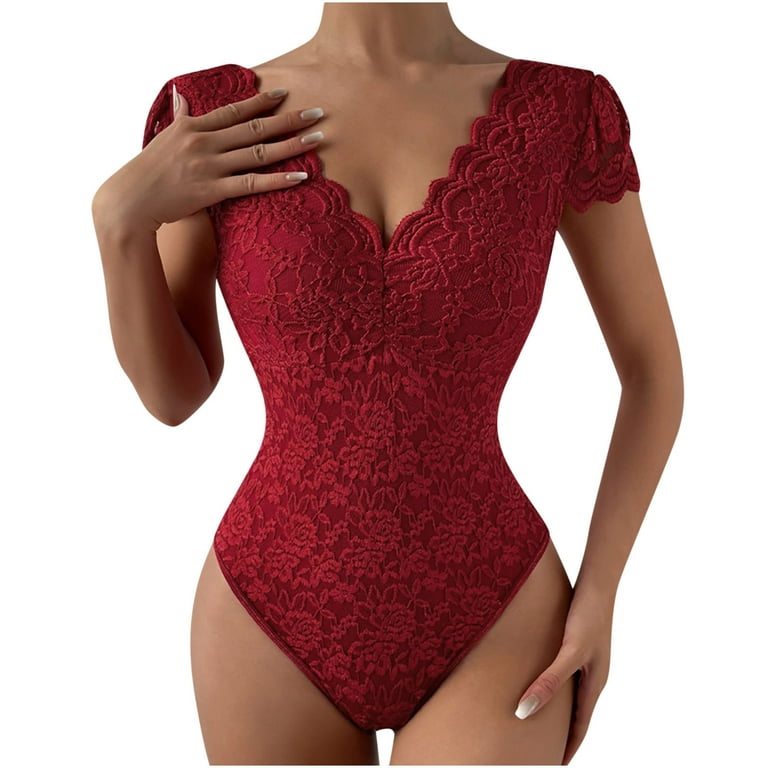 YYDGH Women Lace Short Sleeve Bodysuit Sexy Deep V Neck Crotch Leotard Tops  Red M