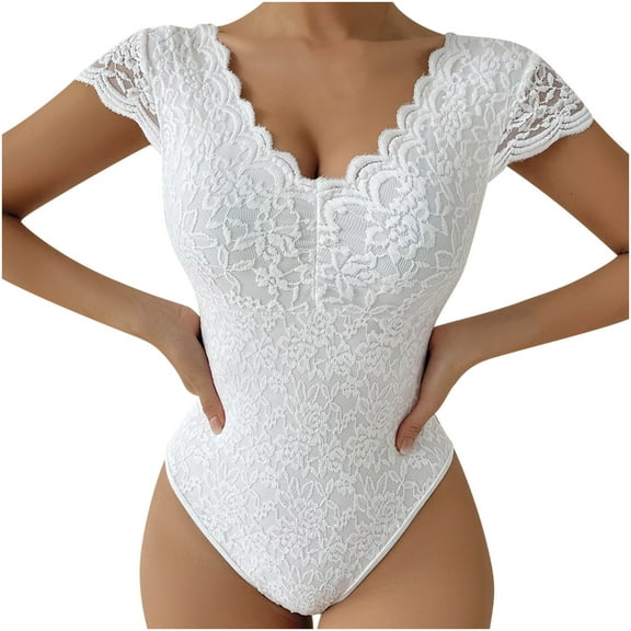 YYDGH Women Lace Short Sleeve Bodysuit Sexy Deep V Neck Crotch Leotard Tops White XS