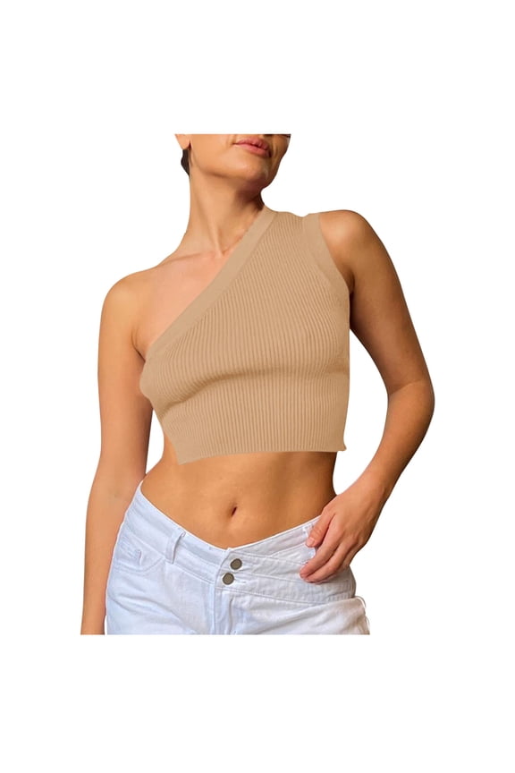 Women One Shoulder Backless Knitted Crop Top Sexy Sleeveless Strappy Open Back Cami Tank Tops Khaki S