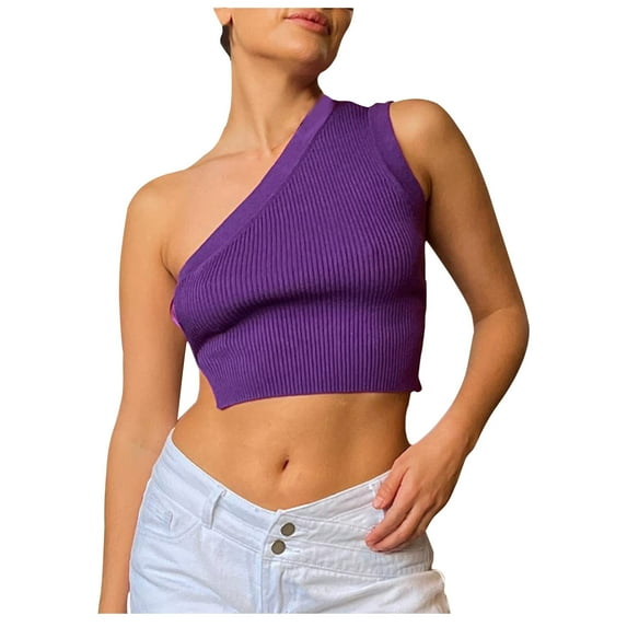 YYDGH Women One Shoulder Backless Knitted Crop Top Sexy Sleeveless Strappy Open Back Cami Tank Tops Purple S
