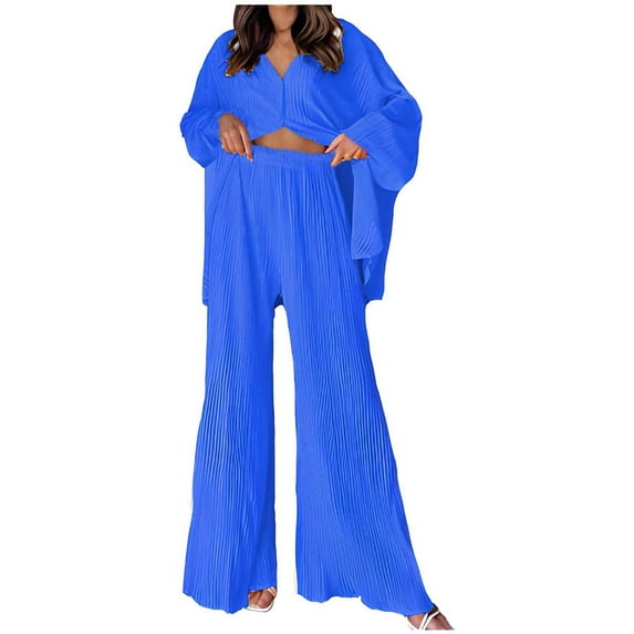 YYDGH Women Oversized 2 Piece Outfits Pleated Long Sleeve Button Down Shirt Top Wide Leg Pants Sets Streetwear Loungwear Blue S