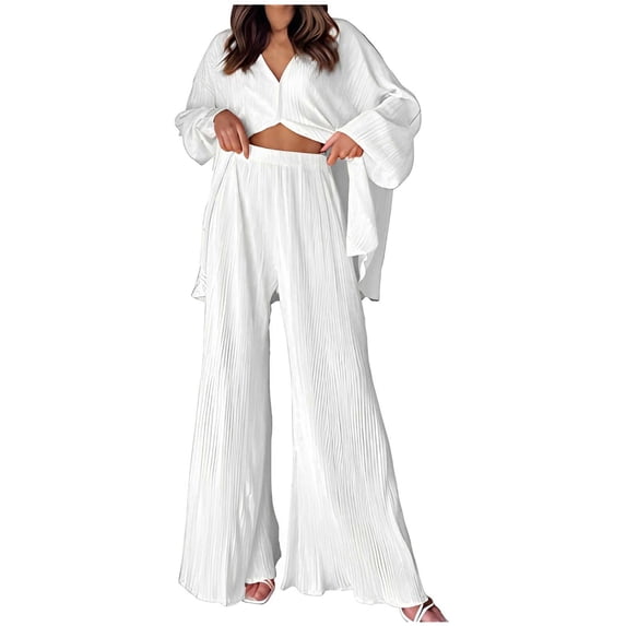 YYDGH Women Oversized 2 Piece Outfits Pleated Long Sleeve Button Down Shirt Top Wide Leg Pants Sets Streetwear Loungwear White XL
