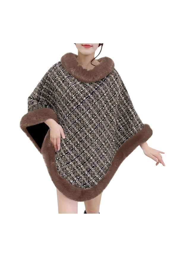 Women Poncho Cape Faux Fur Collar Knitted Cardigan Sweater Batwing Long Sleeve Shawl Wrap Coat Oversized Cloak