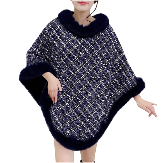 YYDGH Women Poncho Cape Faux Fur Collar Knitted Cardigan Sweater Batwing Long Sleeve Shawl Wrap Coat Oversized Cloak