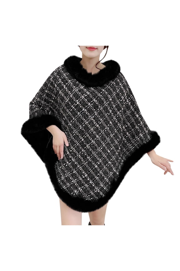 Women Poncho Cape Faux Fur Collar Knitted Cardigan Sweater Batwing Long Sleeve Shawl Wrap Coat Oversized Cloak