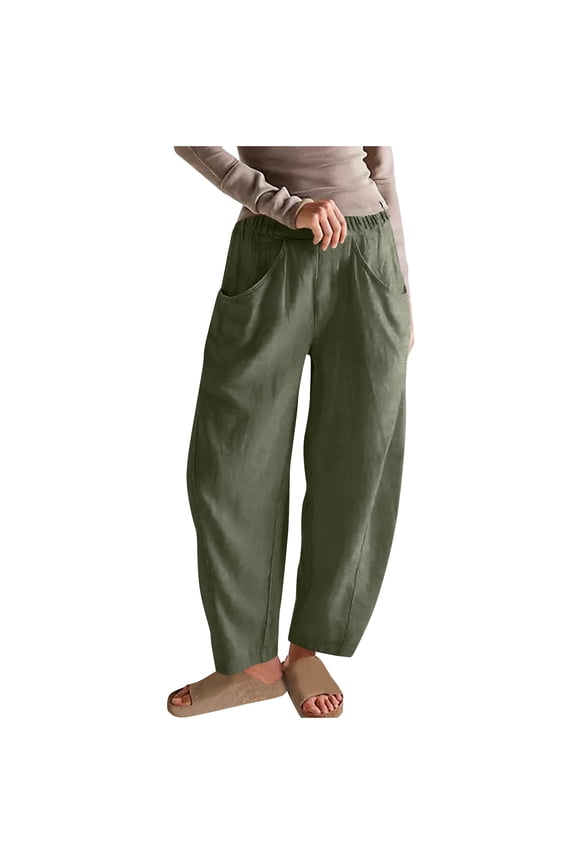 Women'S Spring Solid Color Lace-Up With Cotton And Linen All Straight Leg Casual Pants