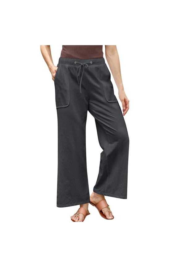 Women'S Spring Solid Color Lace-Up With Cotton And Linen All Straight Leg Casual Pants